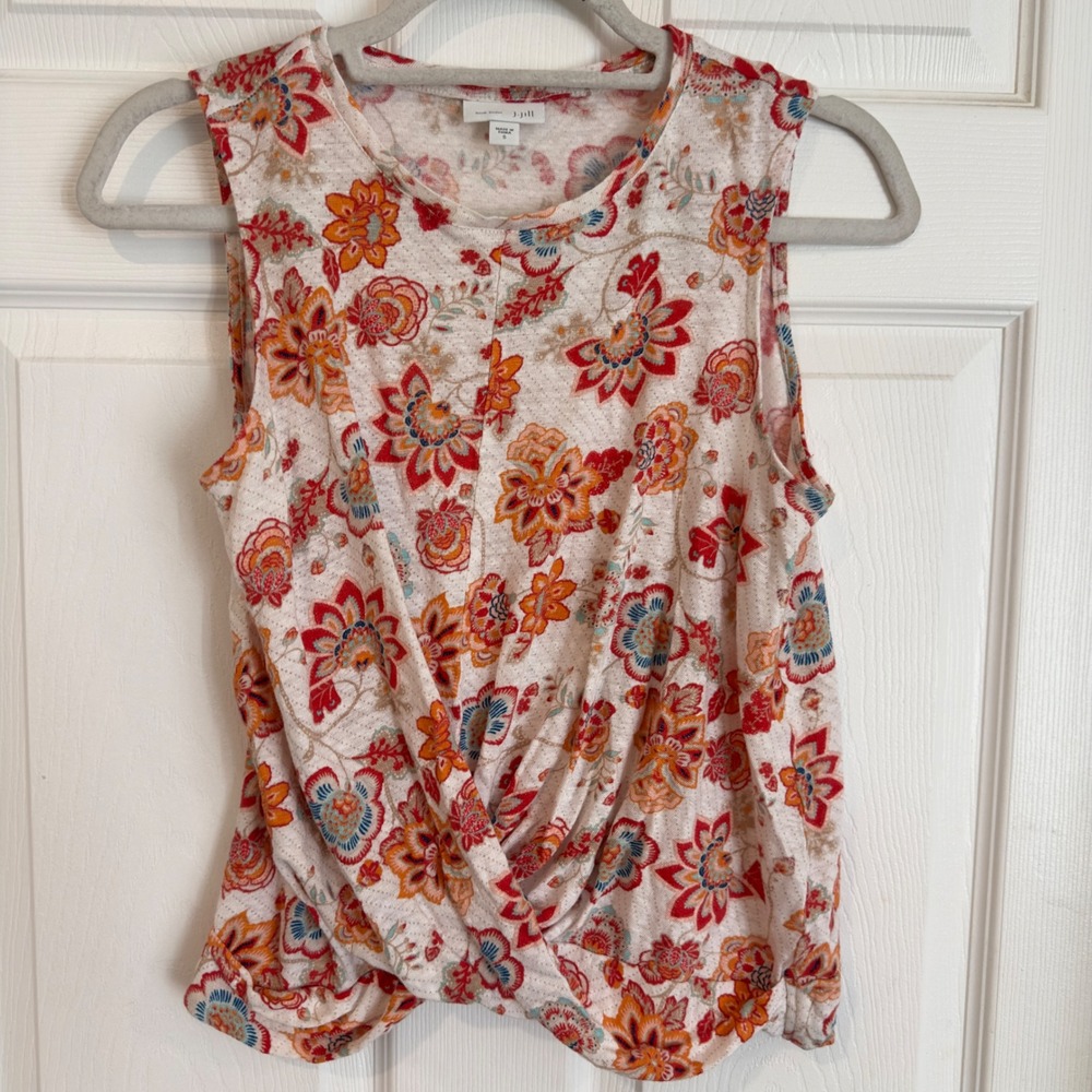 J. Jill Love Linen Floral Sleeveless Twist Front Top Red Orange Blue Small